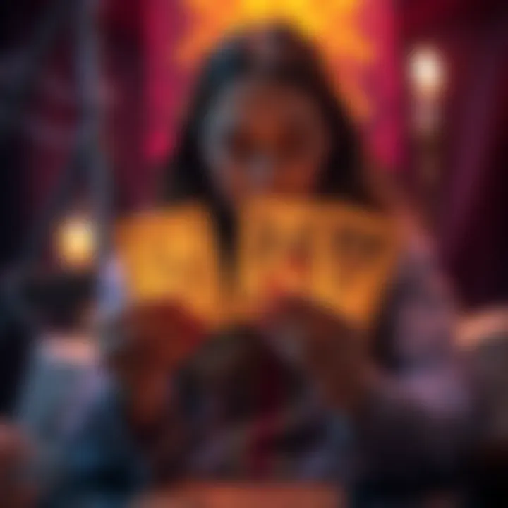A novice tarot reader holding cards and inviting people for free readings