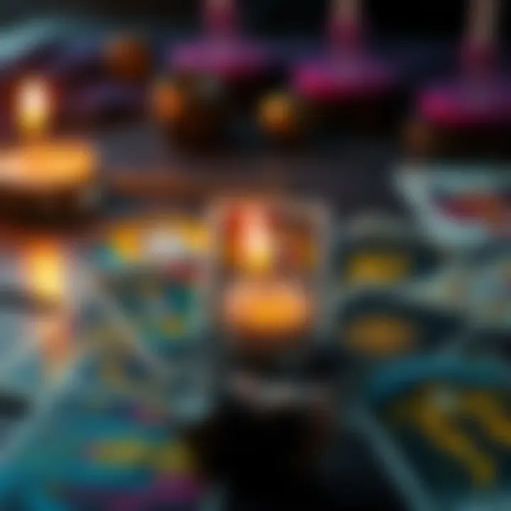 A colorful tarot card spread with a candle and crystal, showcasing Sereya's free reading offer for reviews.