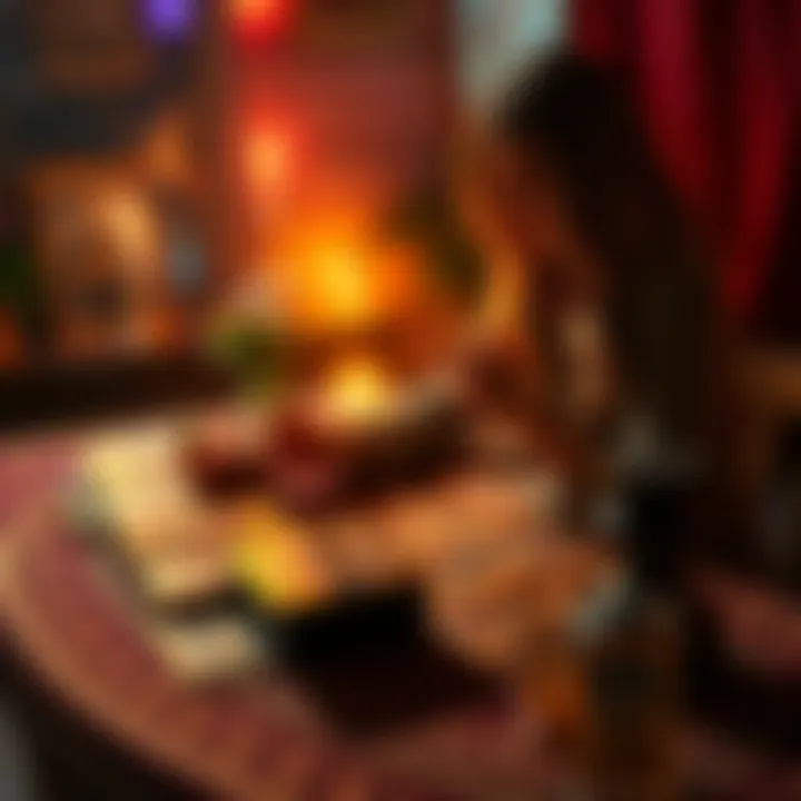 A Tarot reader offers free readings to people interested in love insights. The scene shows Tarot cards on a table with a colorful ambiance, inviting participation.