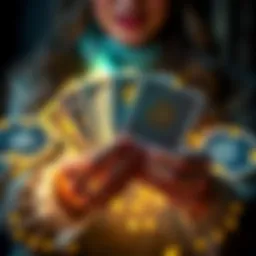 A person holding tarot cards with symbols and a glowing light around them, inviting people to connect for a free reading.