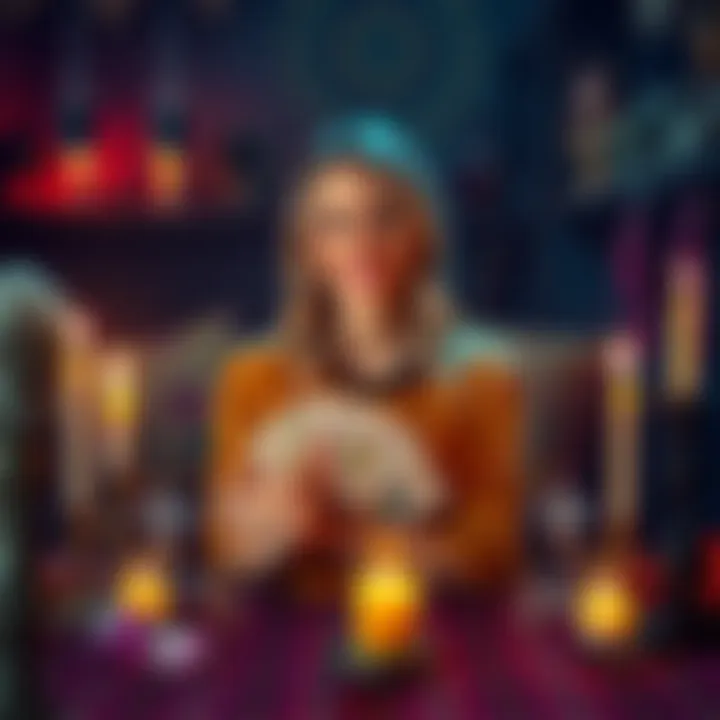 Tarot Reading Offer A tarot reader holding cards with a welcoming smile, surrounded by a table with candles and crystals, inviting people for free readings.