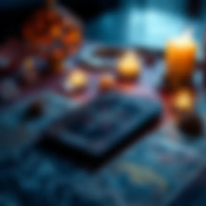 Tarot Reading Offer A tarot card spread on a table with candles and crystals nearby, inviting people to get a free reading in exchange for reviews.