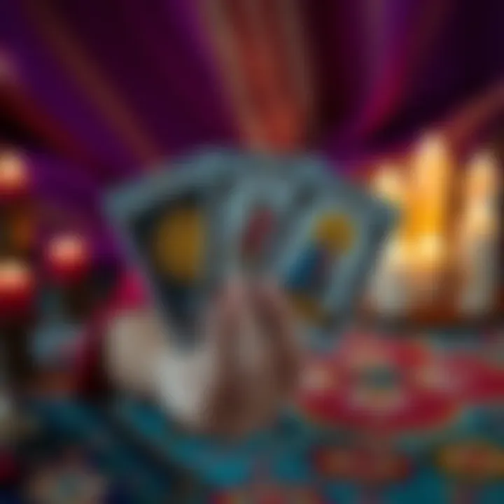 A beginner Tarot reader holding three Tarot cards with a colorful cloth and candles in the background