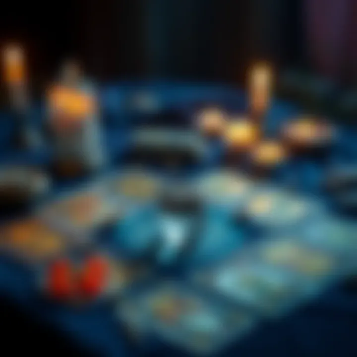 A tarot card spread on a table with a crystal and candles, symbolizing a tarot reading. Rae offers free readings for reviews to help people understand their situations.