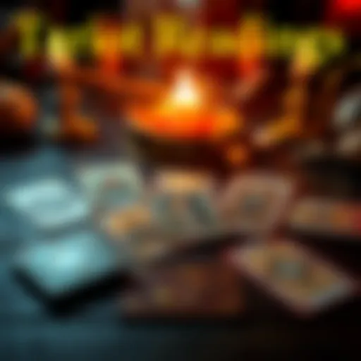 A set of Tarot cards arranged on a table, inviting people to win a free reading, with glowing effects around the cards
