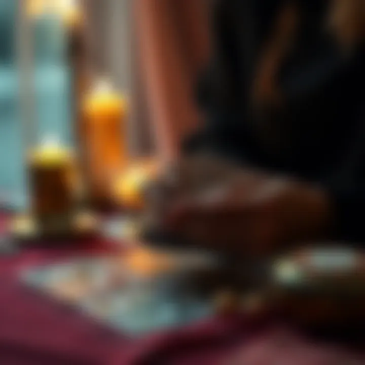 Person giving a tarot reading A person shuffling tarot cards while providing a reading, with a soft glow of candles in the background