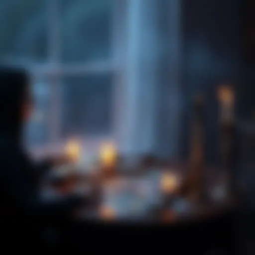 A person sitting at a table, focused on tarot cards, with candles and crystals around them, reflecting on their thoughts.