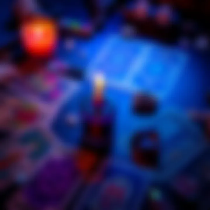 A colorful tarot card spread with a candle and crystals, inviting people for free readings.