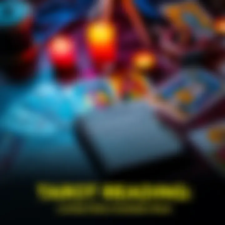 Tarot Reading Promotion A colorful tarot card spread with glowing candles and a notebook for questions, illustrating a free tarot reading event