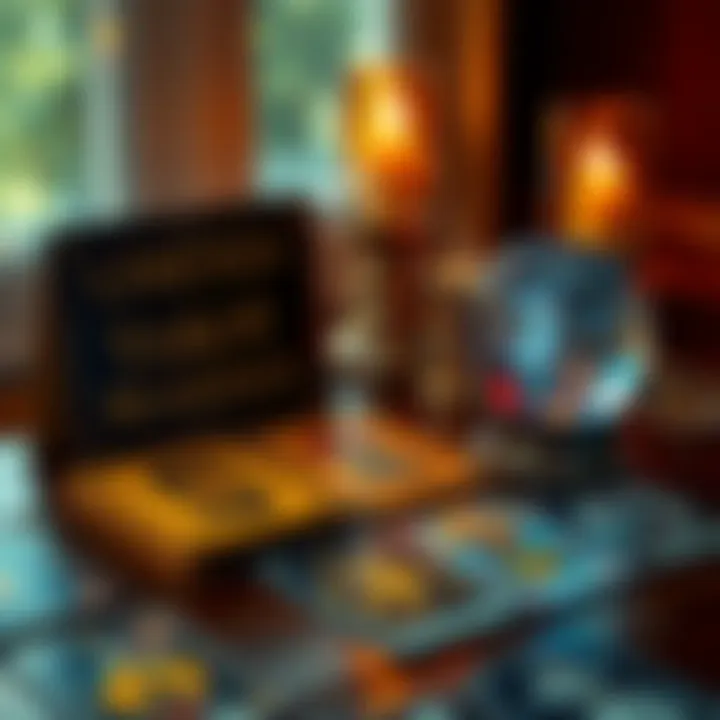 A table with tarot cards and a sign indicating limited tarot readings available. A crystal ball sits beside the cards.