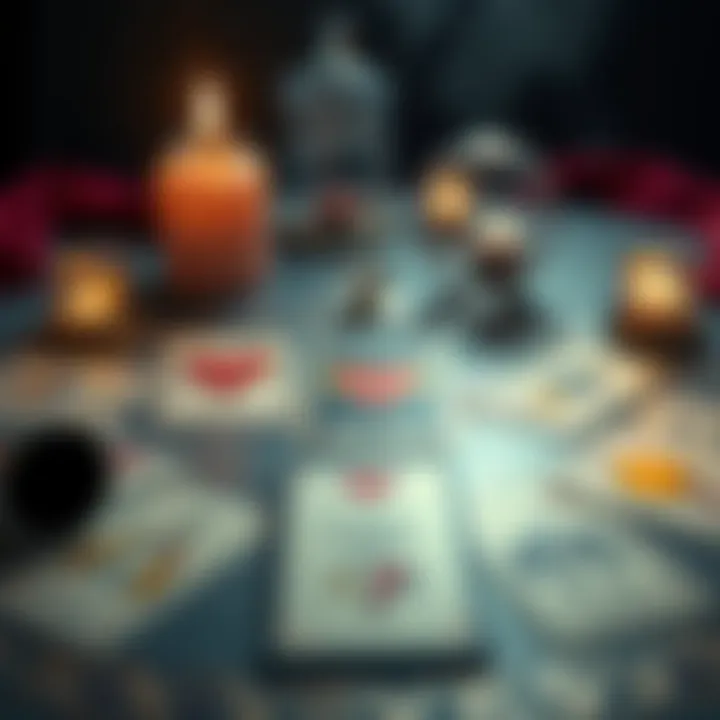 A tarot spread on a table with cards focusing on love and relationships, featuring a heart symbol and candles in the background.