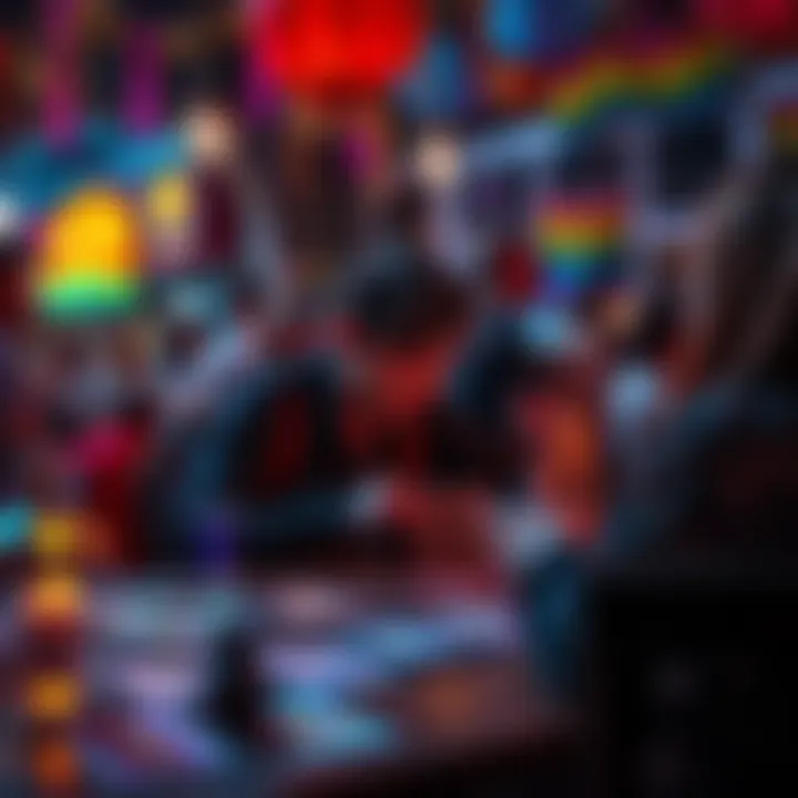 An introvert sits at a table with tarot cards, surrounded by colorful decorations at a pride event, reflecting on their emotions.