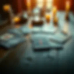 A set of tarot cards laid out on a wooden table with a crystal ball and candles nearby for a reading session