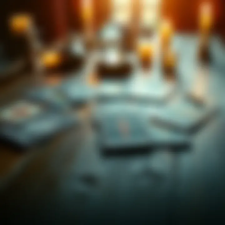 A set of tarot cards laid out on a wooden table with a crystal ball and candles nearby for a reading session