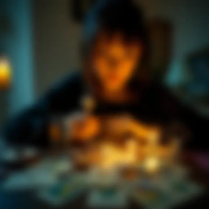 A beginner tarot reader reflecting on a spread of tarot cards while contemplating sharing her pagan beliefs with her mom.