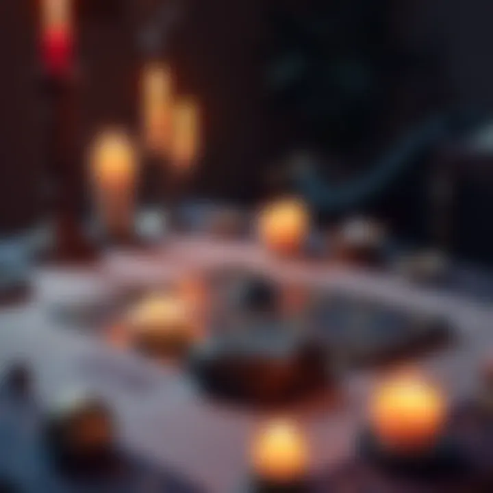 A table with tarot cards laid out in a 3-card spread, surrounded by candles and crystals, ready for a reading.