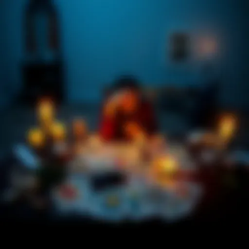 A person sits at a table with tarot cards spread out, reflecting on their first reading experience, surrounded by candles and crystals.