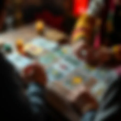 A person conducting a tarot reading with colorful cards spread on a table, inviting questions from participants.