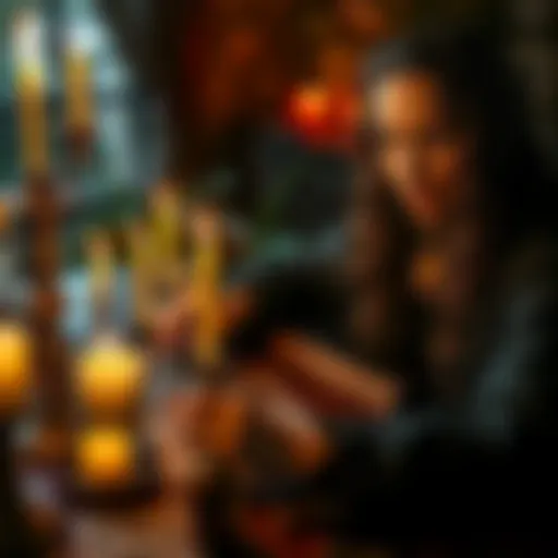 Katherine, a hedge witch, conducting a tarot reading with candles and crystals on a table.