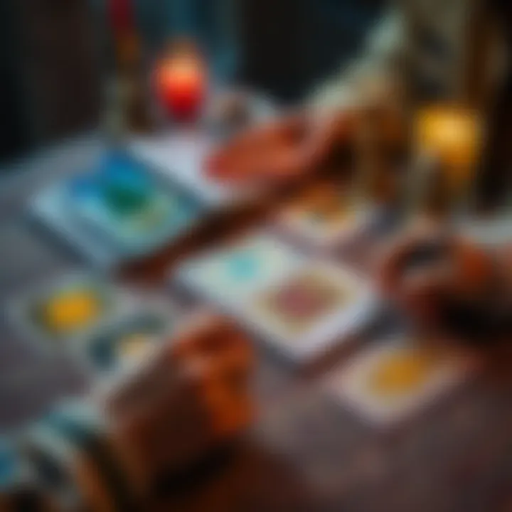 Tarot Reading Session A person laying out major arcana tarot cards on a table with a notebook and pen for notes