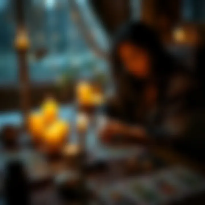 Tarot Reading Session A tarot professional conducting a reading with candles and tarot cards on the table, creating a calming atmosphere.