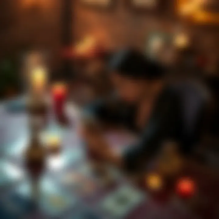 Tarot reading session A person sitting at a table with tarot cards spread out, focusing on a card with vibrant artwork, surrounded by candles and a cozy atmosphere.