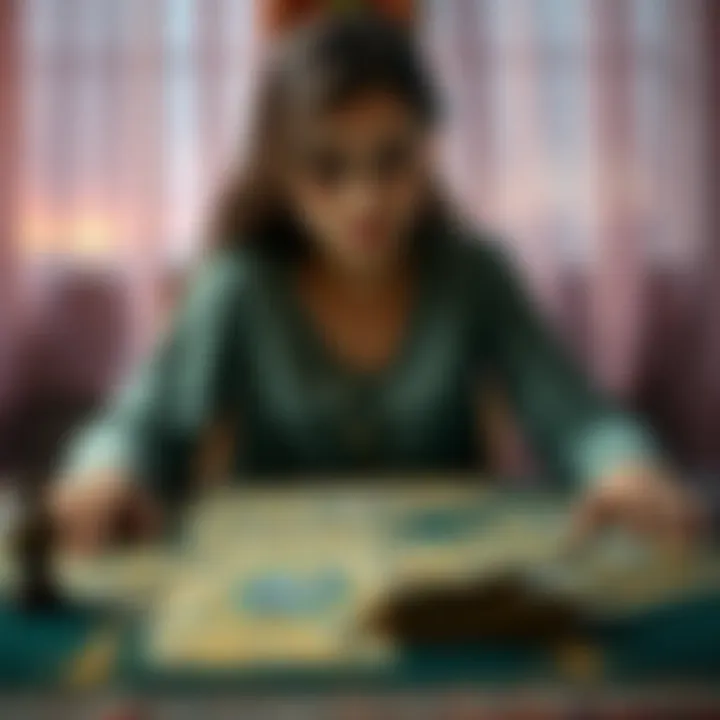 A young woman sits at a table with tarot cards spread in front of her, looking hopeful while engaging with an online community for guidance.
