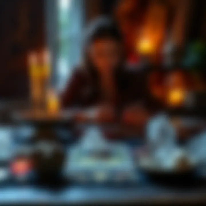 A skilled Tarot reader shuffling cards at a table with candles and crystals