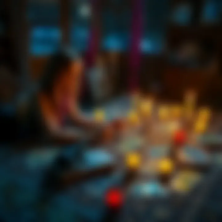 A person receiving a tarot reading at a table surrounded by cards and candles, focusing on love life insights.