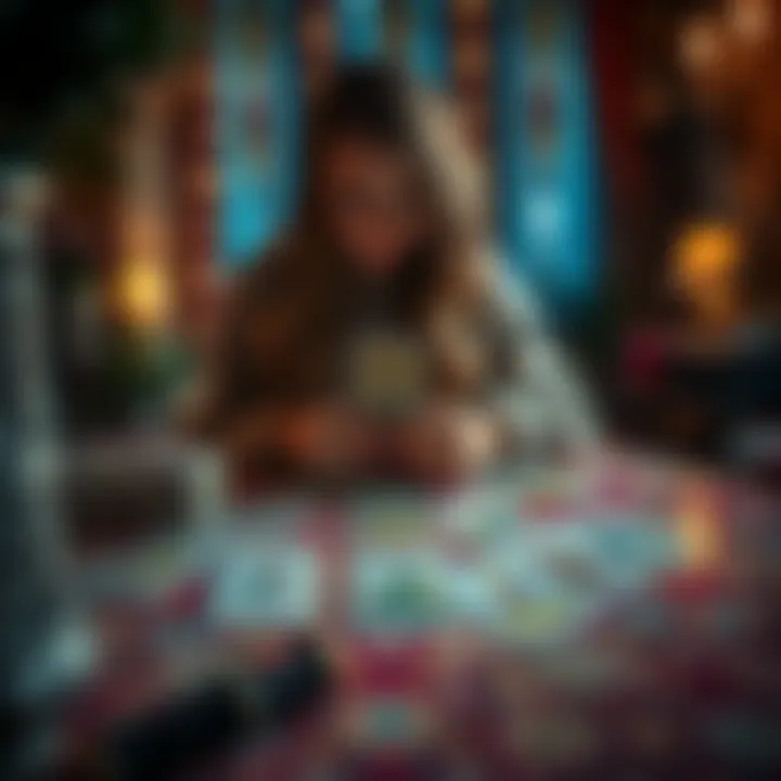 A friend performing a tarot card reading with a deck spread on the table, showing significant cards like the Empress, symbolizing personal growth and relationship changes.