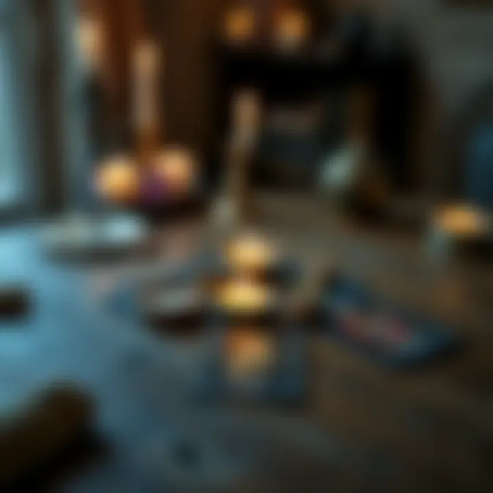 A set of tarot cards laid out on a wooden table with candles and crystals around them.