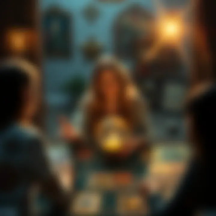 A tarot reader named Diamond sitting at a table with tarot cards and a crystal ball, inviting people for free readings.