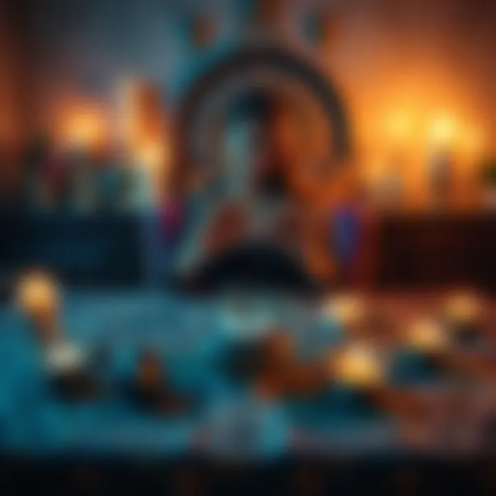 A person sitting at a table, holding tarot cards, with a calm and inviting atmosphere, surrounded by candles and crystals.