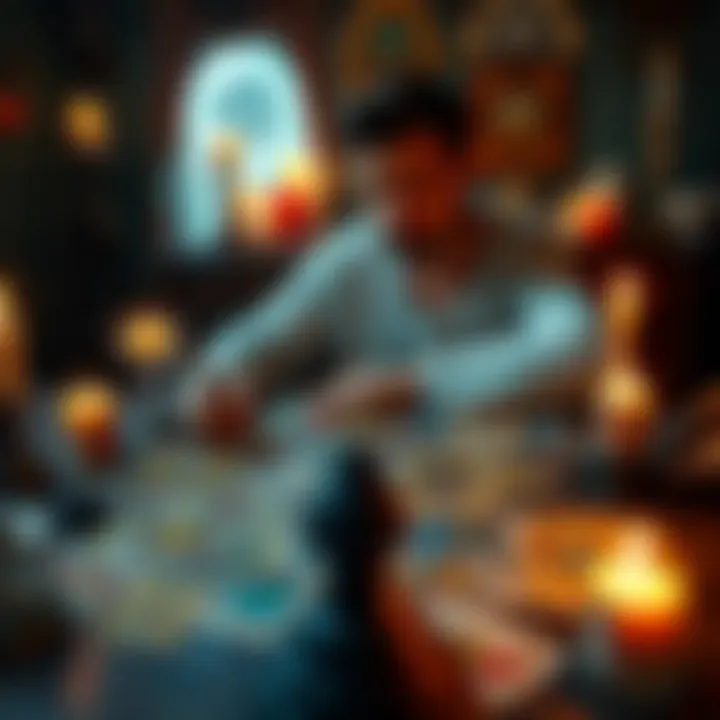 Tarot Reading Session A person sitting at a table with tarot cards spread out, focused on a reading, with candles and crystals in the background.