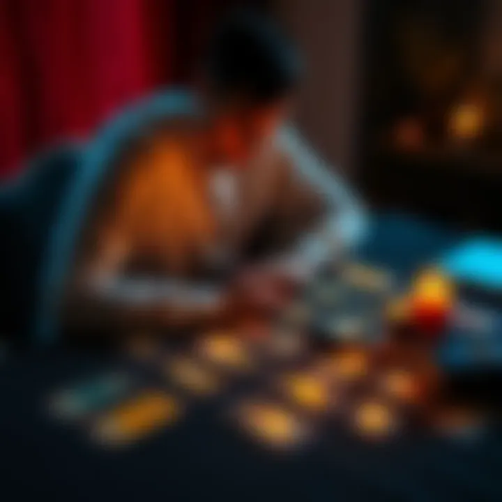 A person sitting at a table with tarot cards spread out, contemplating the cards for insights about a no-contact situation.