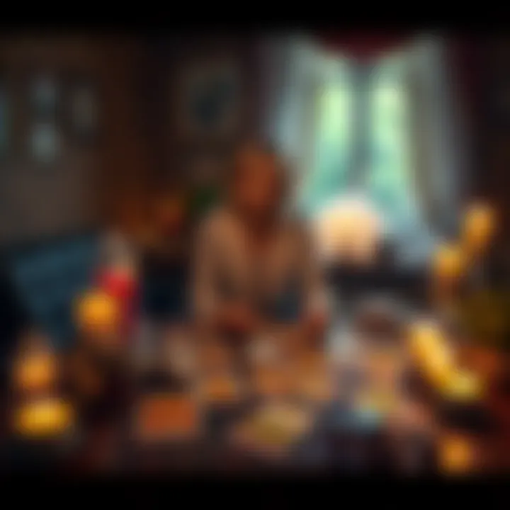 A person sitting at a table with tarot cards spread out, looking engaged in a reading, with candles and crystals surrounding them.