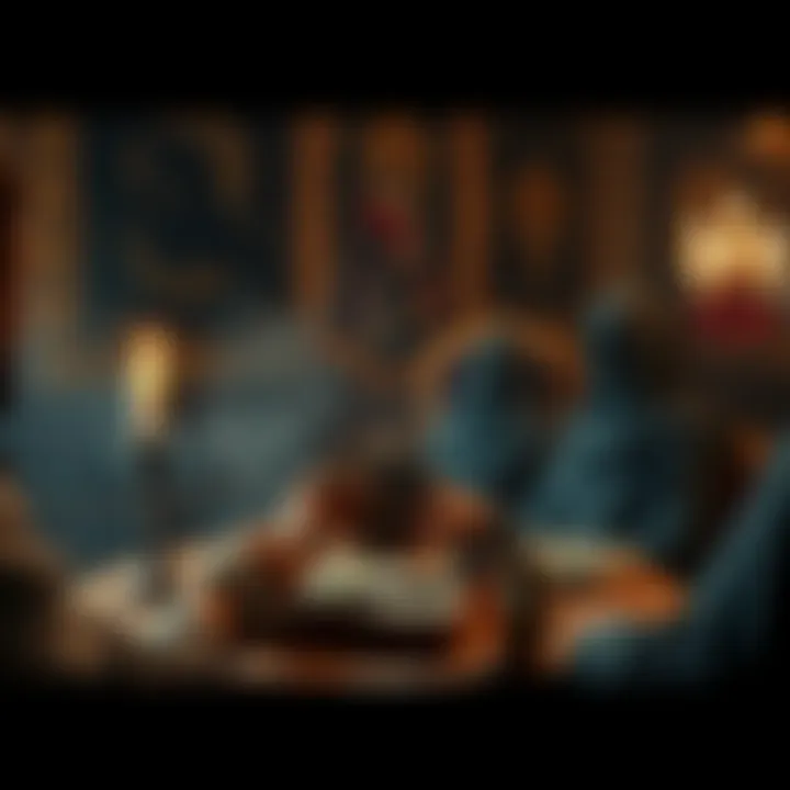 A tarot reader shuffles cards while seated at a table, ready to provide insights to people inquiring about their future.