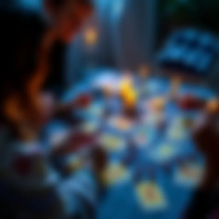 A tarot reader conducts a session with colorful tarot cards spread out on a table, inviting participants to explore their questions.