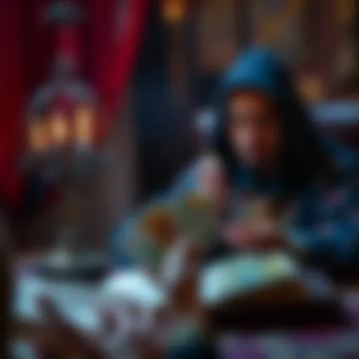 A tarot reader with a deck of cards offering a free yes/no question to a client.