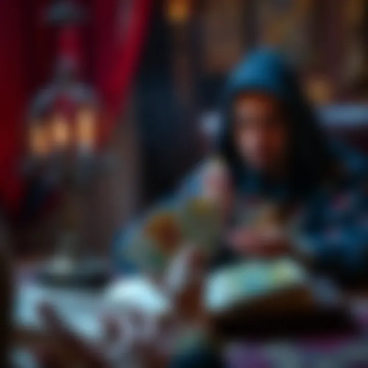 A tarot reader with a deck of cards offering a free yes/no question to a client.