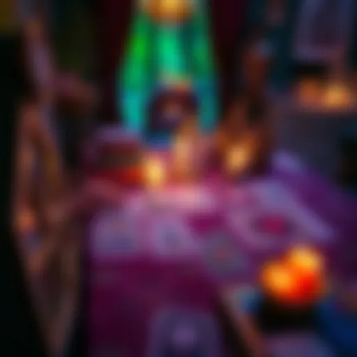 Tarot Reading Session A tarot reader with cards spread out on a table, preparing for a reading, with a warm ambiance and soft lighting.