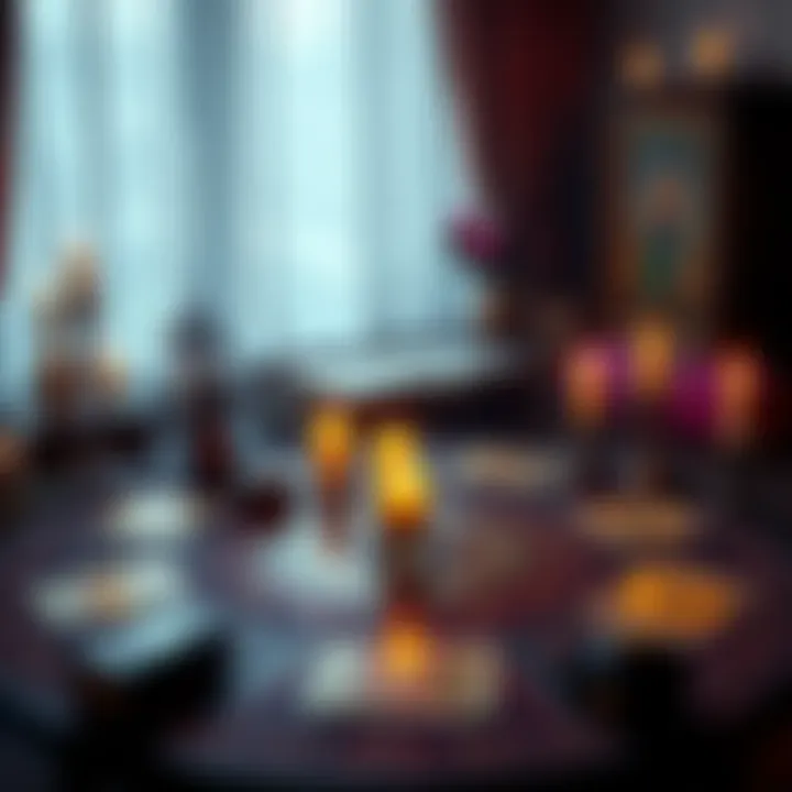 A peaceful tarot reading setup with cards spread out on a table, candles lit, and a relaxed atmosphere.