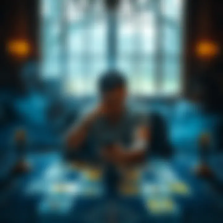 A person sitting at a table with tarot cards spread out, looking focused and thoughtful during a reading.