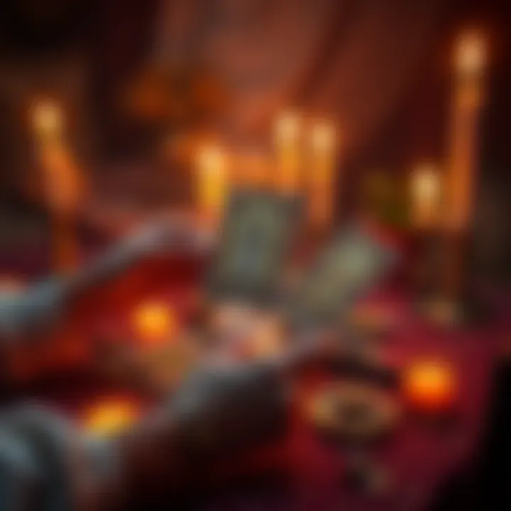 A person holding tarot cards with candles and crystals on a table, creating a calming atmosphere for a reading