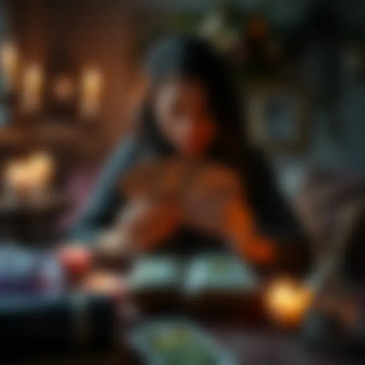 A person holding tarot cards in a cozy setting, with candles and crystals around, illustrating a tarot reading session.