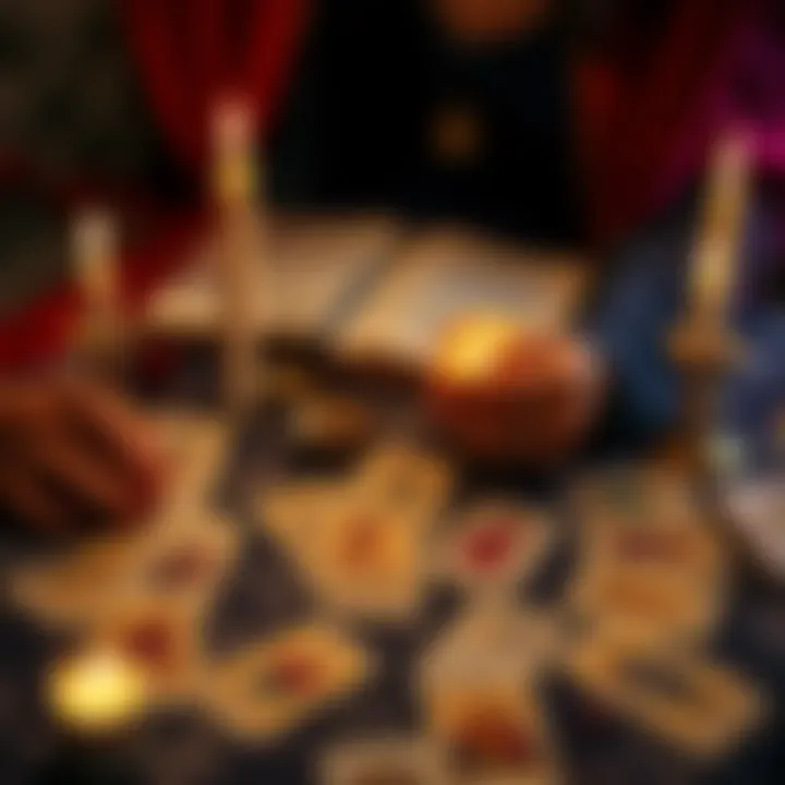 Tarot Reading Session A person reviewing tarot cards spread on a table, with candles and a notebook nearby, symbolizing guidance on love and life.