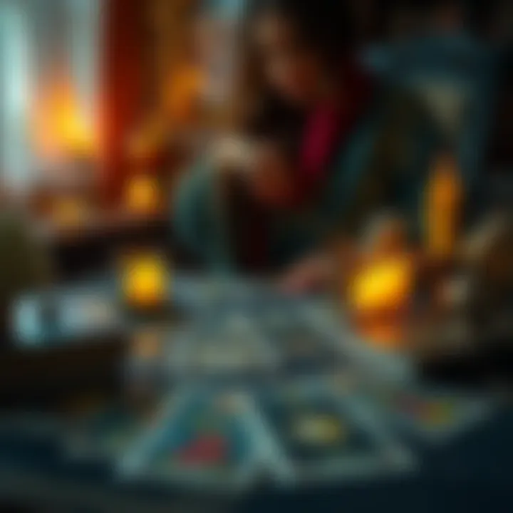 Tarot Reading Session A person is conducting a tarot reading with cards spread out on a table, surrounded by candles and a peaceful atmosphere.