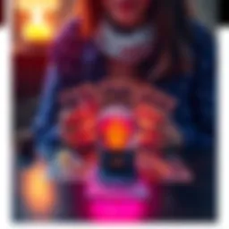 A person holding tarot cards with zodiac symbols and a glowing crystal ball on the table.