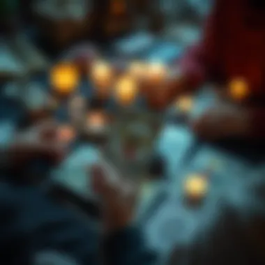 A tarot reader lays out cards with crystals and candles, inviting participants for free readings. They hold a card, focusing on zodiac signs and initials.