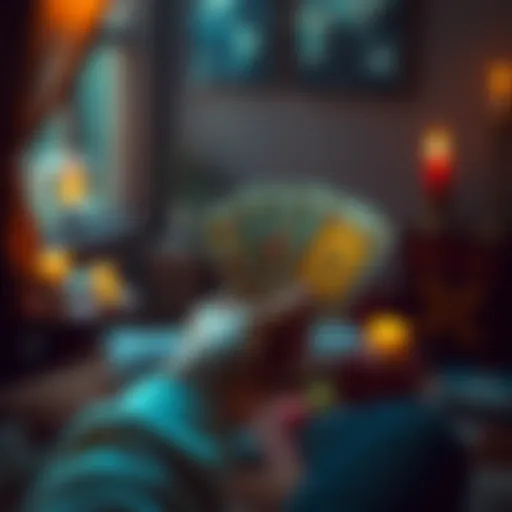 A person holding tarot cards in a cozy setting, inviting others for free readings